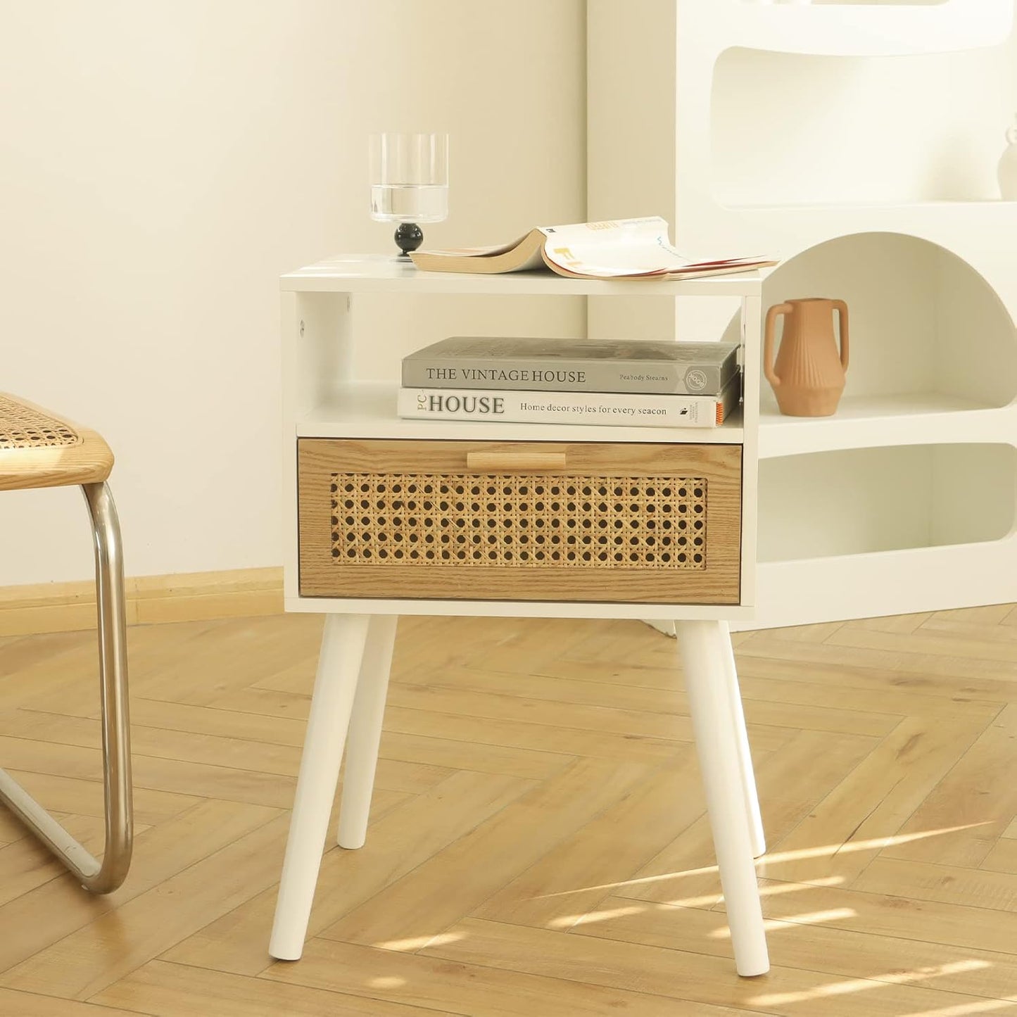 MaxSmeo White Nightstand with Drawer, Mid Century Modern Nightstand, Rattan Side Table, End Table
