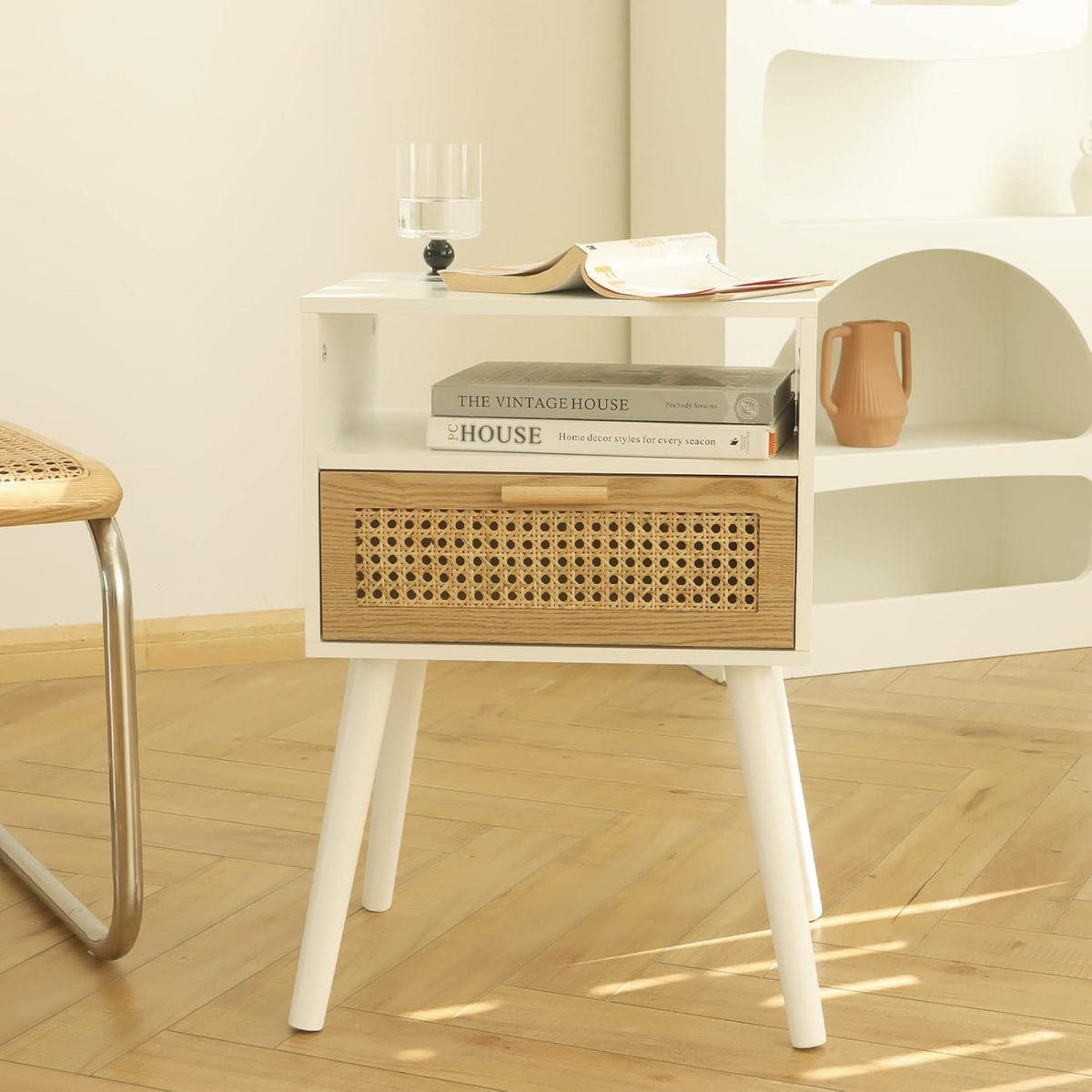 MaxSmeo White Nightstand with Drawer, Mid Century Modern Nightstand, Rattan Side Table, End Table