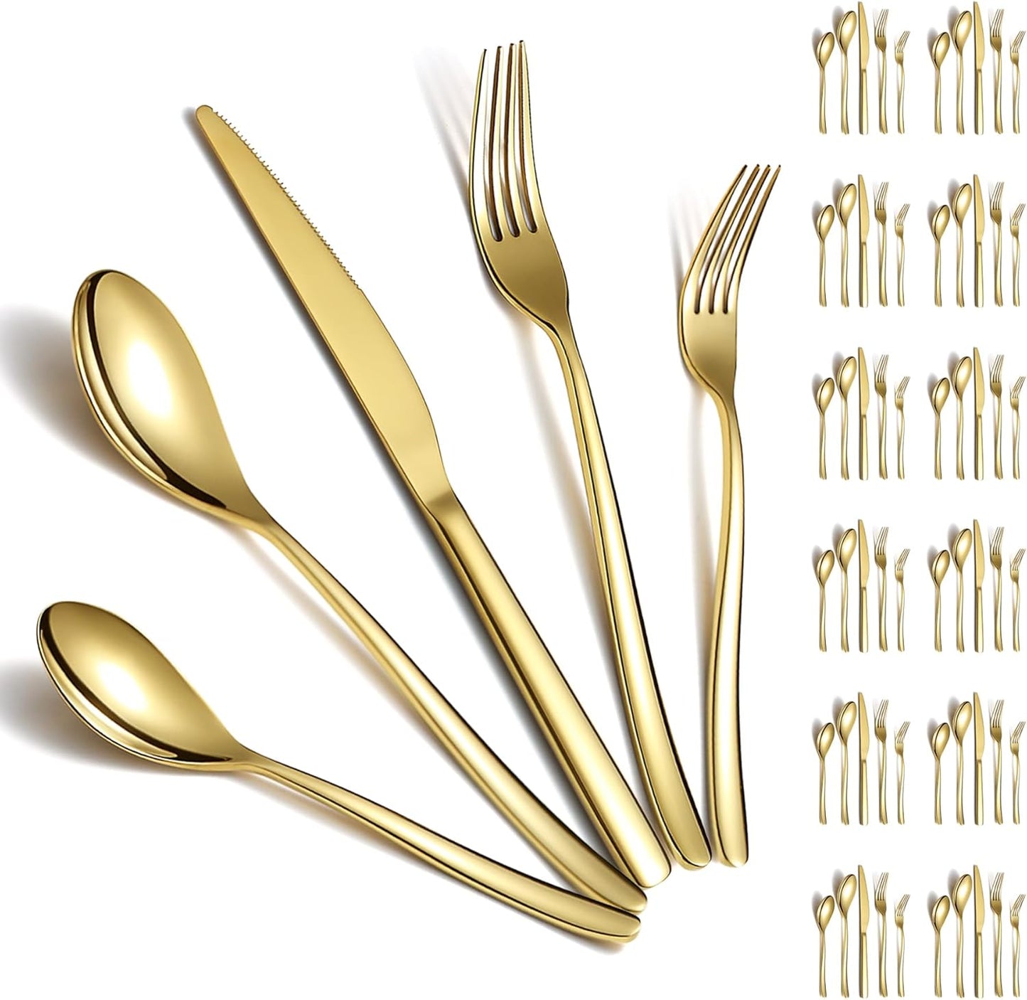 Berglander Gold Silverware Set 60pcs Service for 12, Golden Titanium Plating Stainless Steel