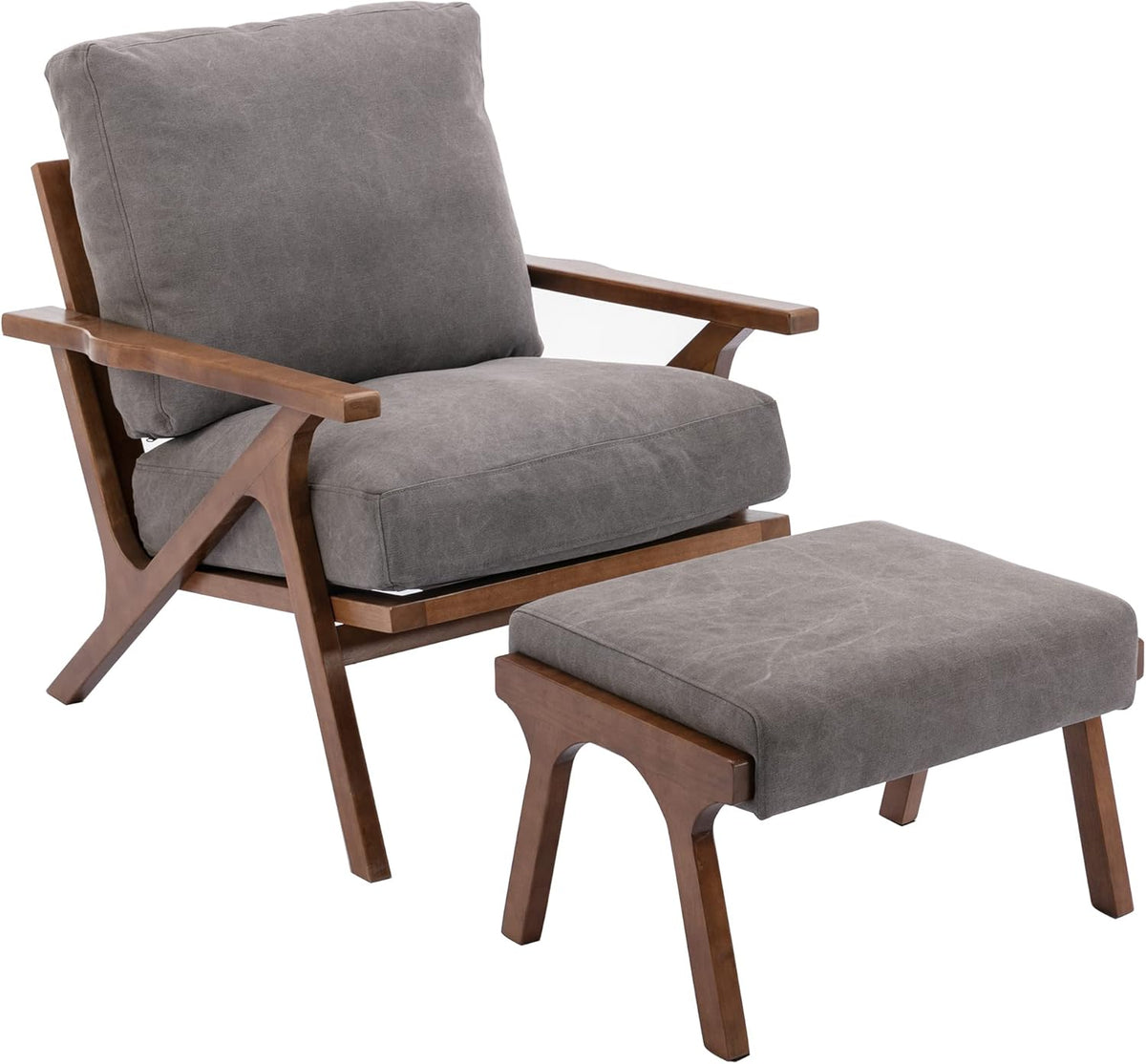 Mid Century Modern Accent Chair with ottoman, Farmhouse Linen Upholstered Living Room Armchair and