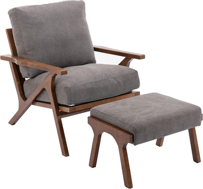 Mid Century Modern Accent Chair with ottoman, Farmhouse Linen Upholstered Living Room Armchair and