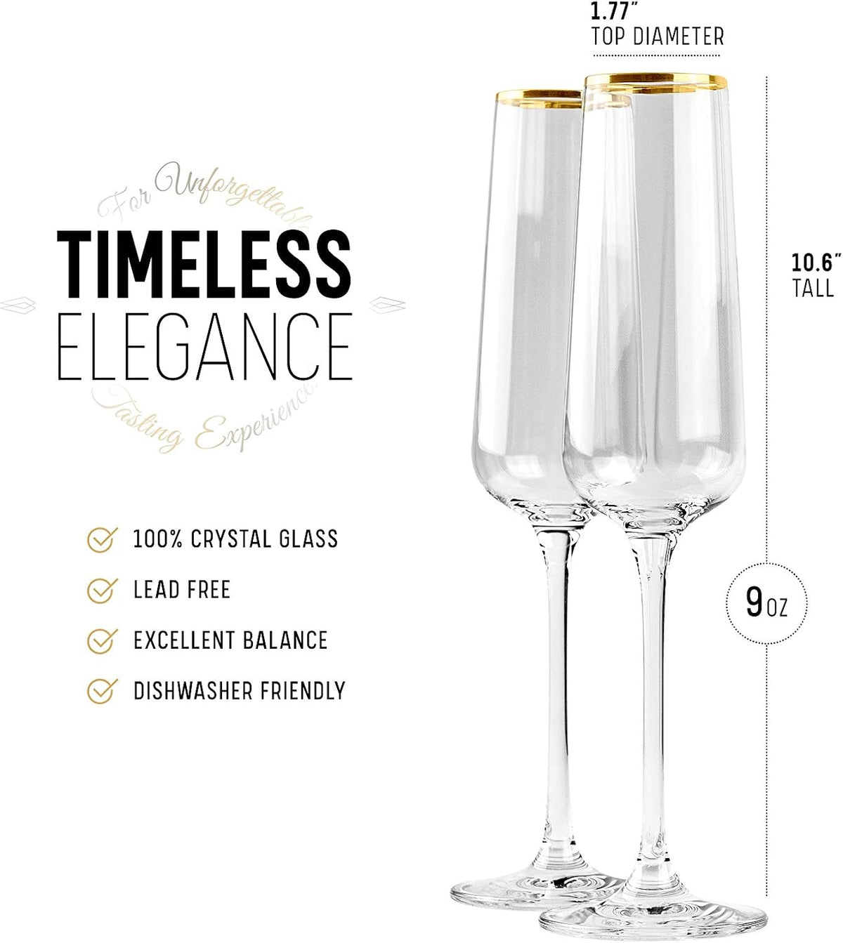 Gold Rim Champagne Gift Glasses | Set of 2 | Crystal Square Toasting Flutes for Bride and Groom