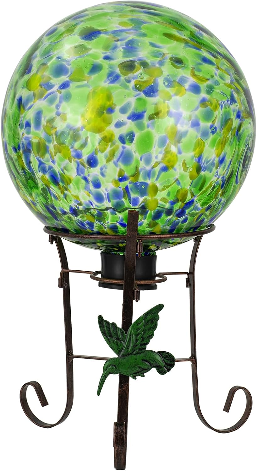 10 Inch Glass Gazing Ball, with 9.4" Tall Metal Gazing Globe Stand, Glass Balls Display Holder Set