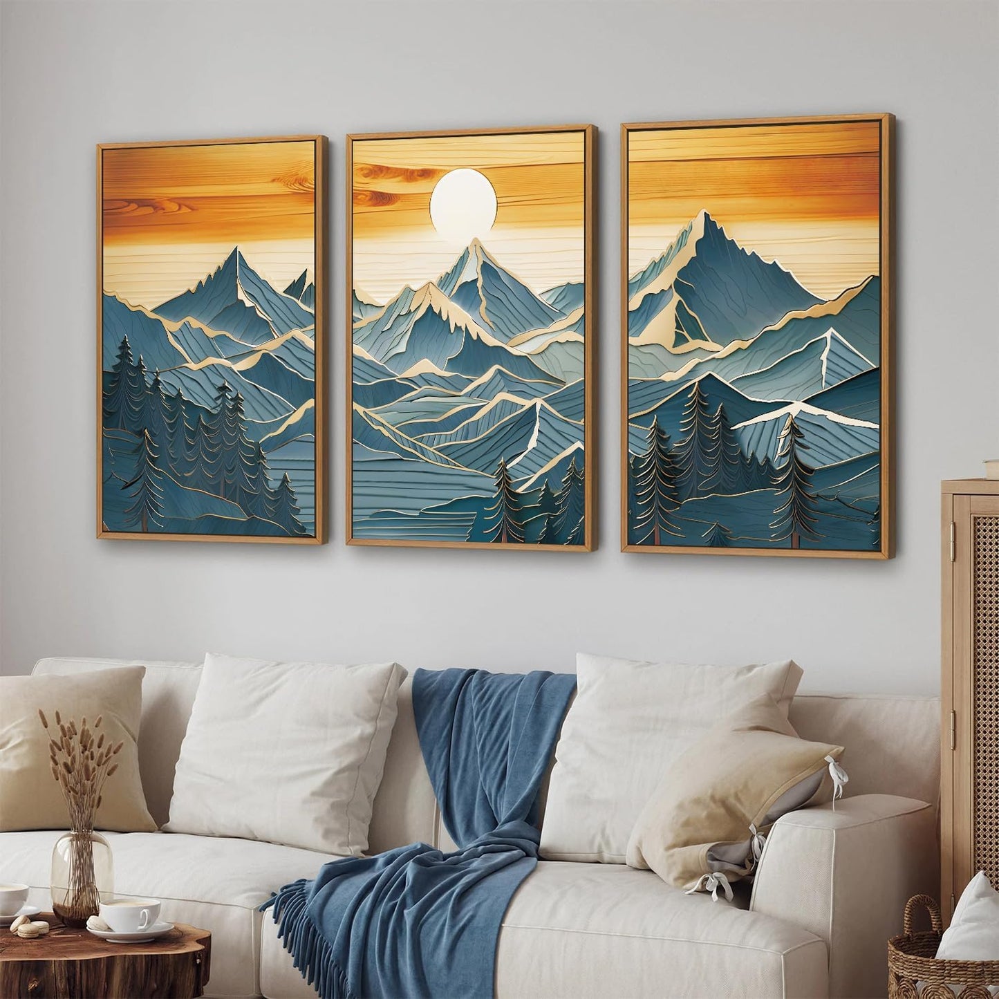 Tinonedraw Metal Mountain Framed Canvas Wall Art, Boho Mountains Artworks, Mid Century Modern Blue