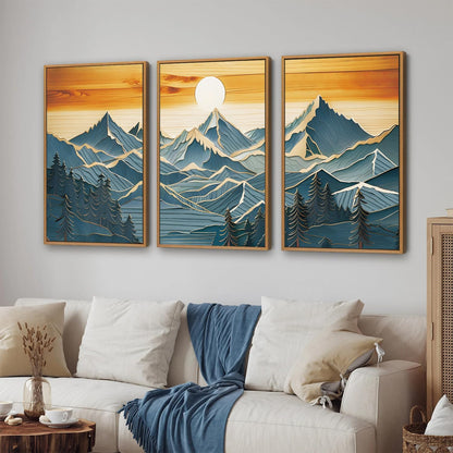 Tinonedraw Metal Mountain Framed Canvas Wall Art, Boho Mountains Artworks, Mid Century Modern Blue