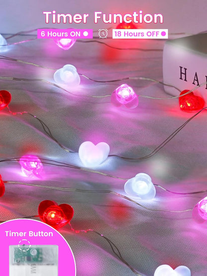 Red Pink White Heart Fairy Lights Battery Operated for Valentines Decor, 10FT 30 LED Battery String