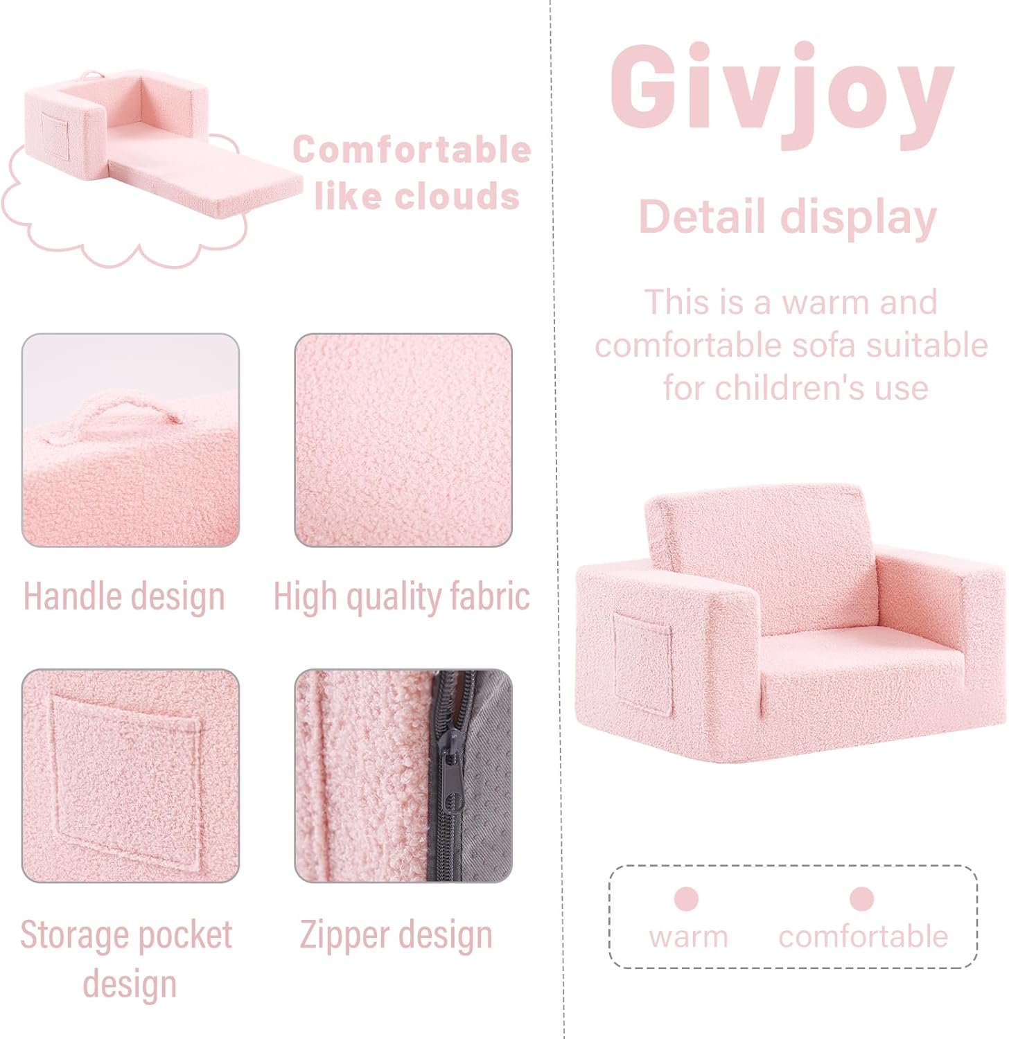 2-in-1 Toddler Chair Sherpa Couch - Soft Kids Lounger for Bedroom, Convertible Sofa for Girls and