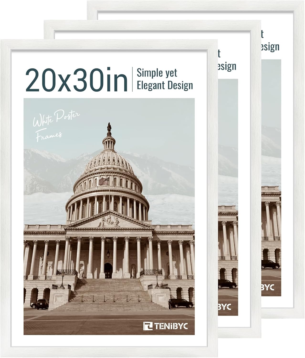 20x30 Poster Frame Set - 3 Pack, Textured White Solid Wood Picture Frame, Wall Gallery Frame - Wall