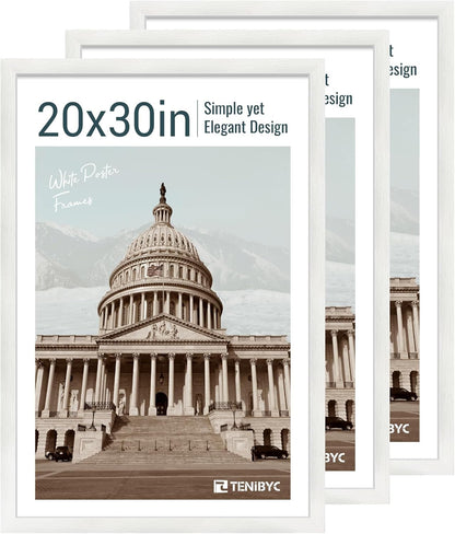 20x30 Poster Frame Set - 3 Pack, Textured White Solid Wood Picture Frame, Wall Gallery Frame - Wall
