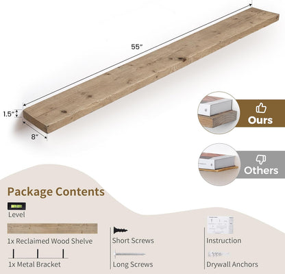 Solid Wood Floating Shelves, 8" Deep Rustic Reclaimed Barnwood Wall Hanging Floating Shelf with