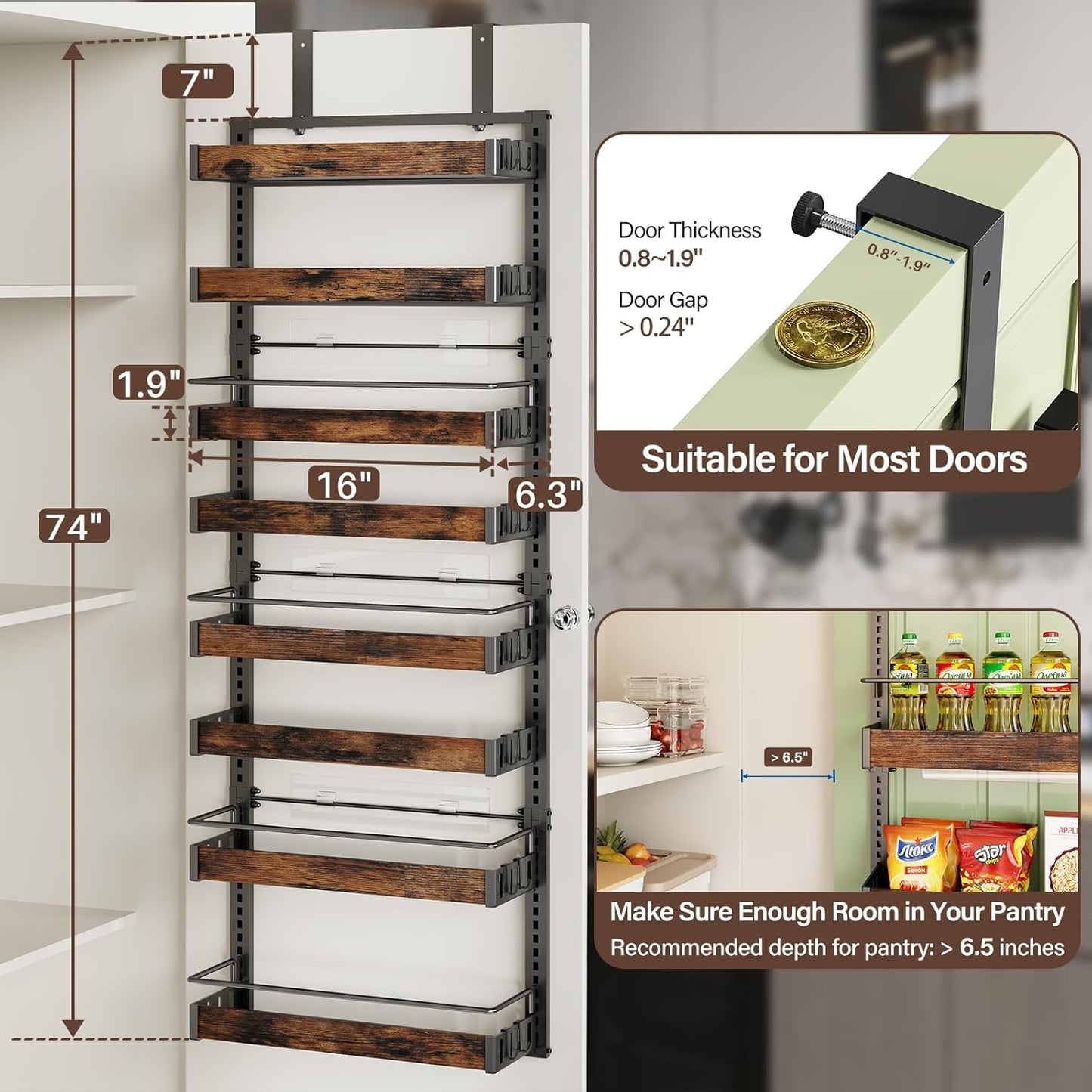 8 Tier Over The Door Pantry Organizer, 2 IN 1 Wall Mount or Metal Hanging Spice Rack for Pantry