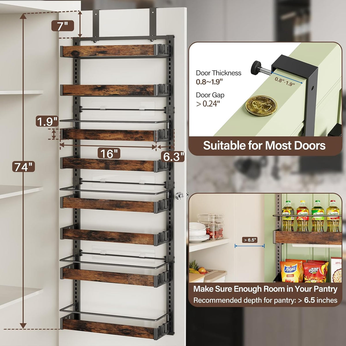 8 Tier Over The Door Pantry Organizer, 2 IN 1 Wall Mount or Metal Hanging Spice Rack for Pantry