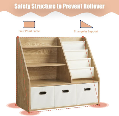 Kids Bookshelf and Toy Storage Organizer, Montessori Nursery Book Shelves with 3 Tier Sling Rack &