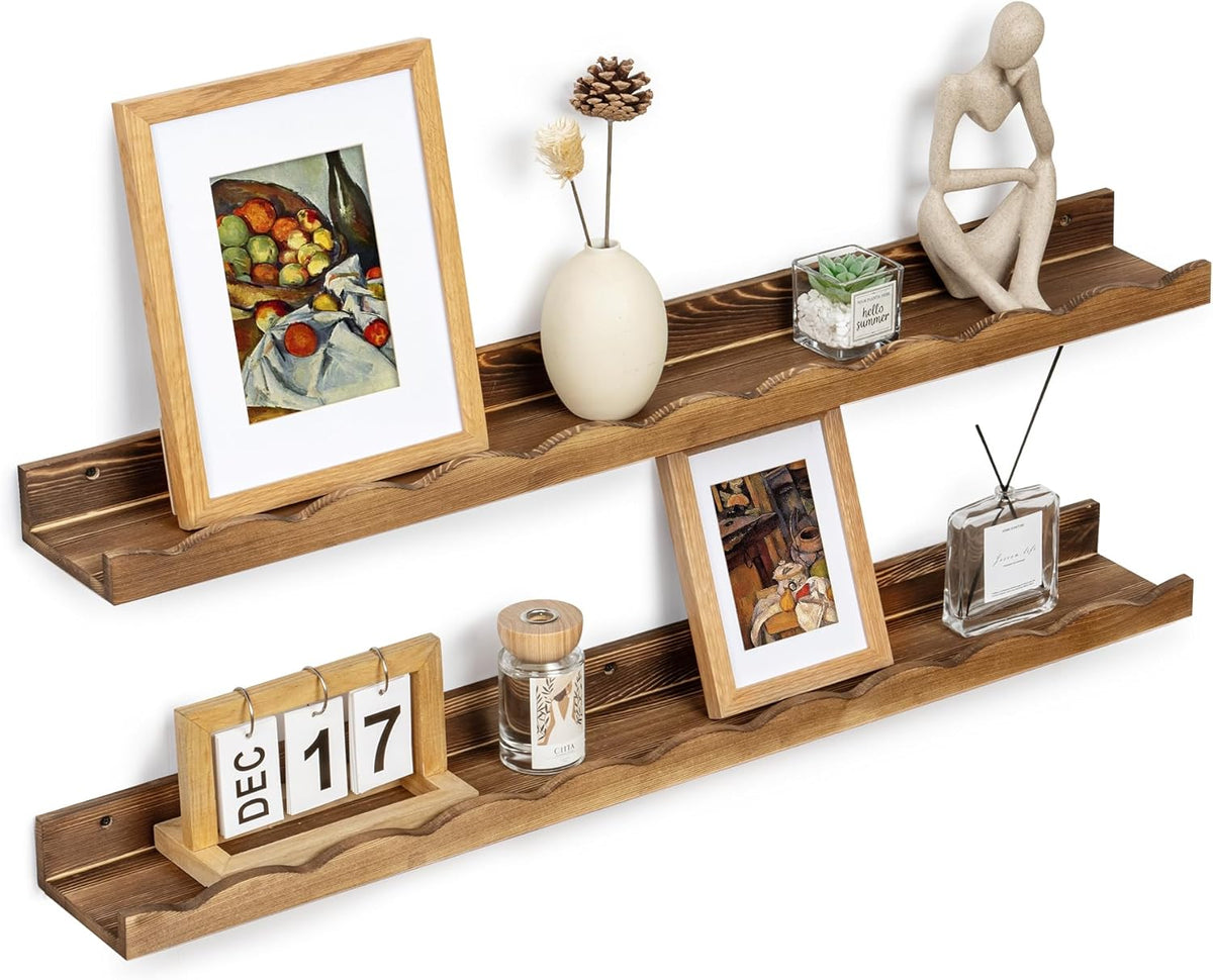 Fun Memories Picture Ledge Shelf for Wall, 36 inch Pine Wood Nursery Book Shelves Set of 2- Wall