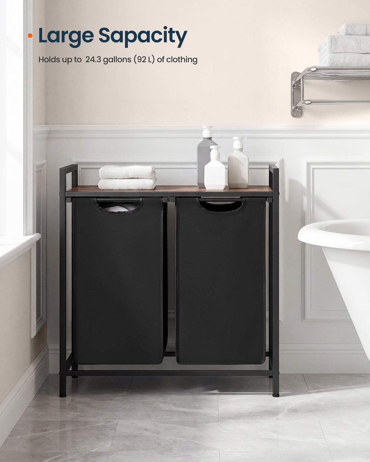 SONGMICS HOME Laundry Basket Sorter with Storage Shelf, Laundry Hamper with Metal Frame, 2 x 12.1