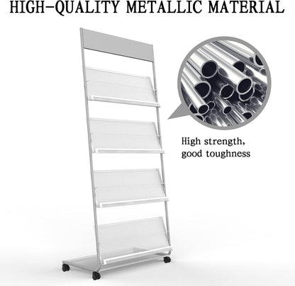 TONGMO Floor-Standing Magazine Rack 4-Layer with Wheels, Brochure Display Stand, High-hardness