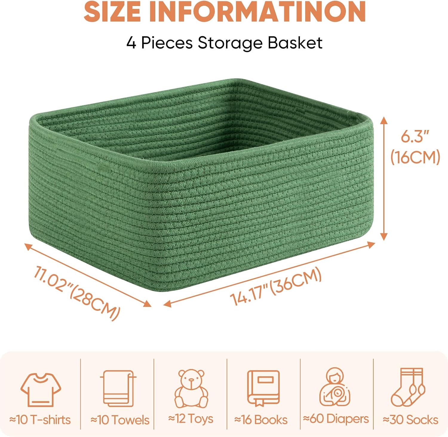 OIAHOMY 4 Pack 14.17*11.02*6.3IN Storage Baskets for Organizing Shelves, Woven Rope Baskets for