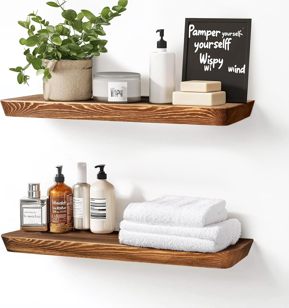 24"x6.8"x1.6" Slanted Floating Wall Shelves 2-Pack - Rustic Brown Finish, Heavy-Duty Solid Wood