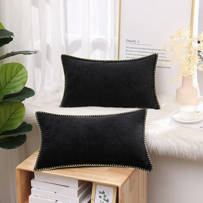 decorUhome Chenille Soft Throw Pillow Covers 12x20 Set of 2, Lumbar Velvet Farmhouse Neutral
