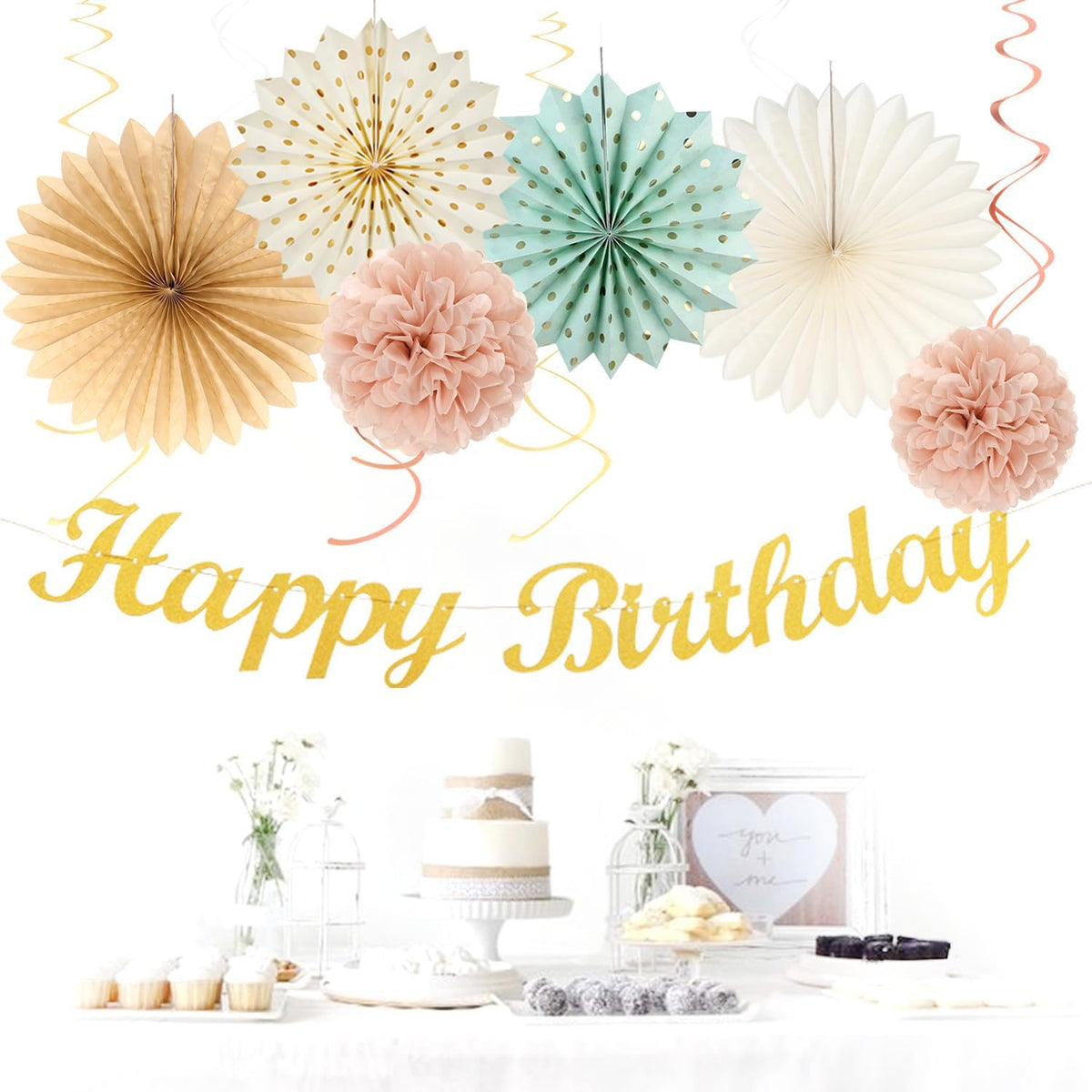 Sage-Green Blush-Pink Beige Birthday Party-Decorations - 21pcs Happy Banner,Cream Light Dusty Pink