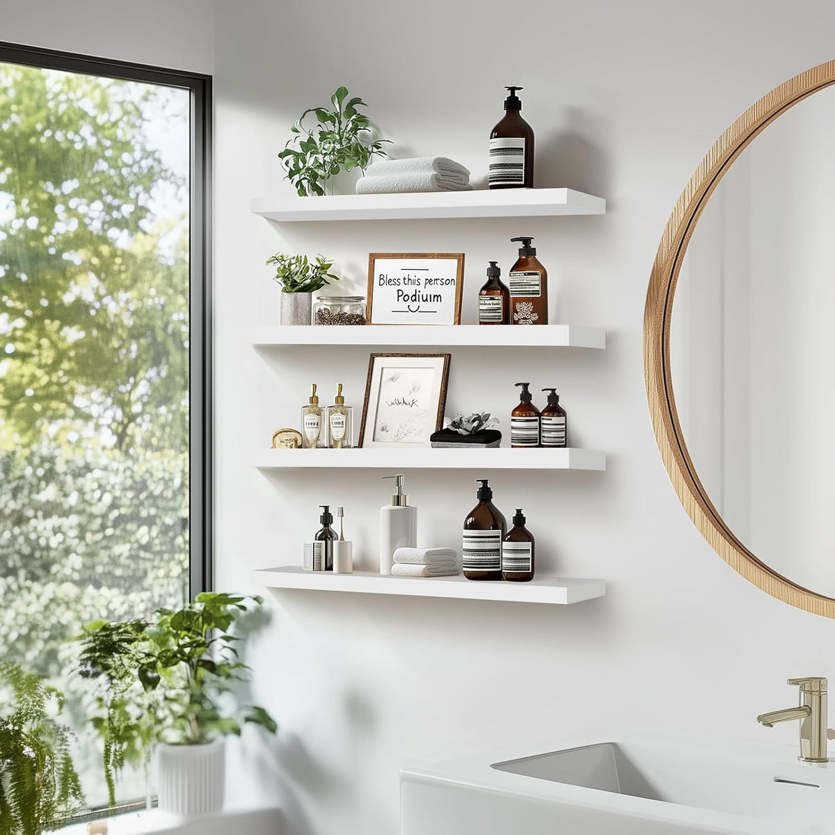 Floating Wall Shelves 4-Pack - Rustic White 16-inch Wooden Wall Shelves for Storage and Décor