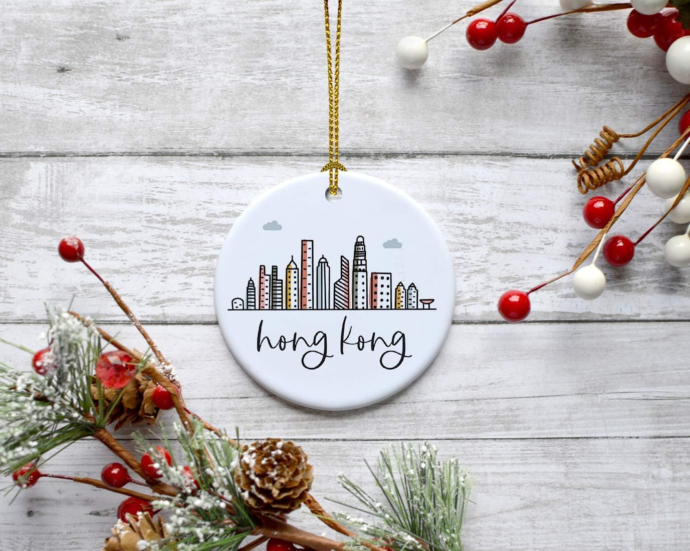 Andaz Press Round Ceramic Porcelain Christmas Tree Ornament Keepsake Gift, Hong Kong, Colorful