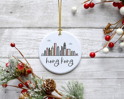Andaz Press Round Ceramic Porcelain Christmas Tree Ornament Keepsake Gift, Hong Kong, Colorful