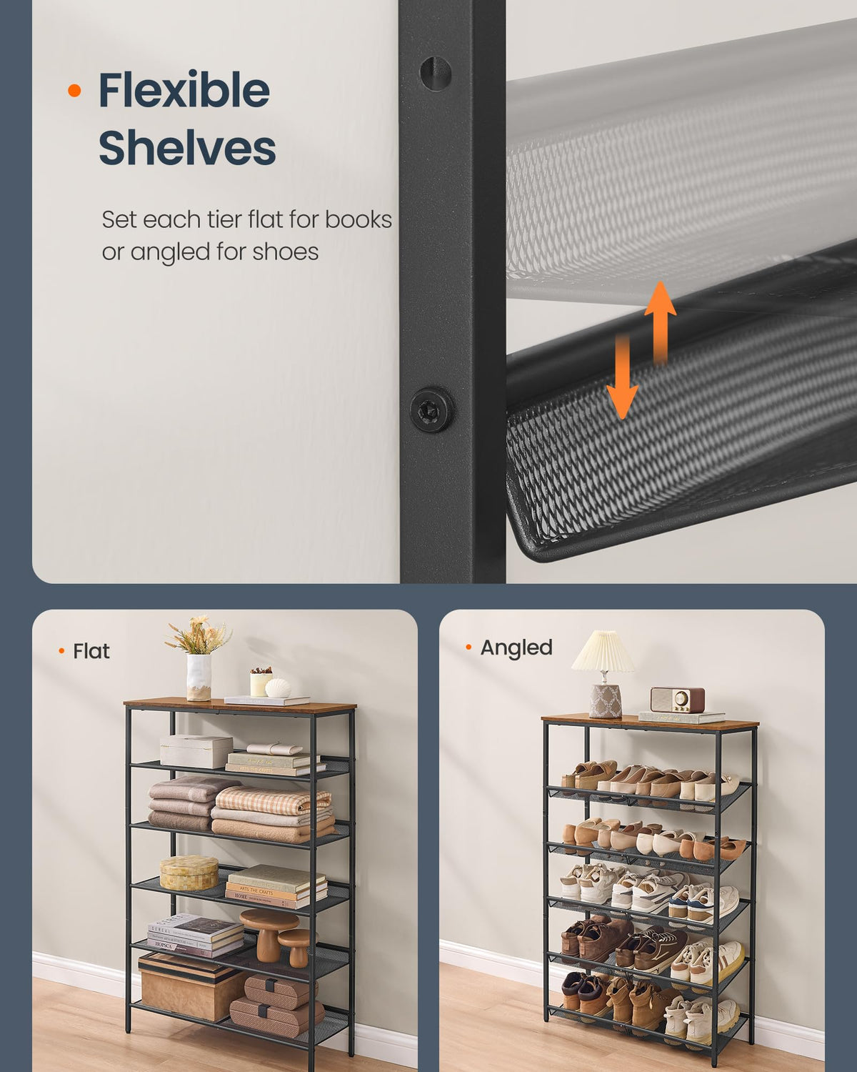 SONGMICS HOME 6 Tier Shoe Storage Organizer, Freestanding Shoe Rack, Dense Mesh, for Living Room