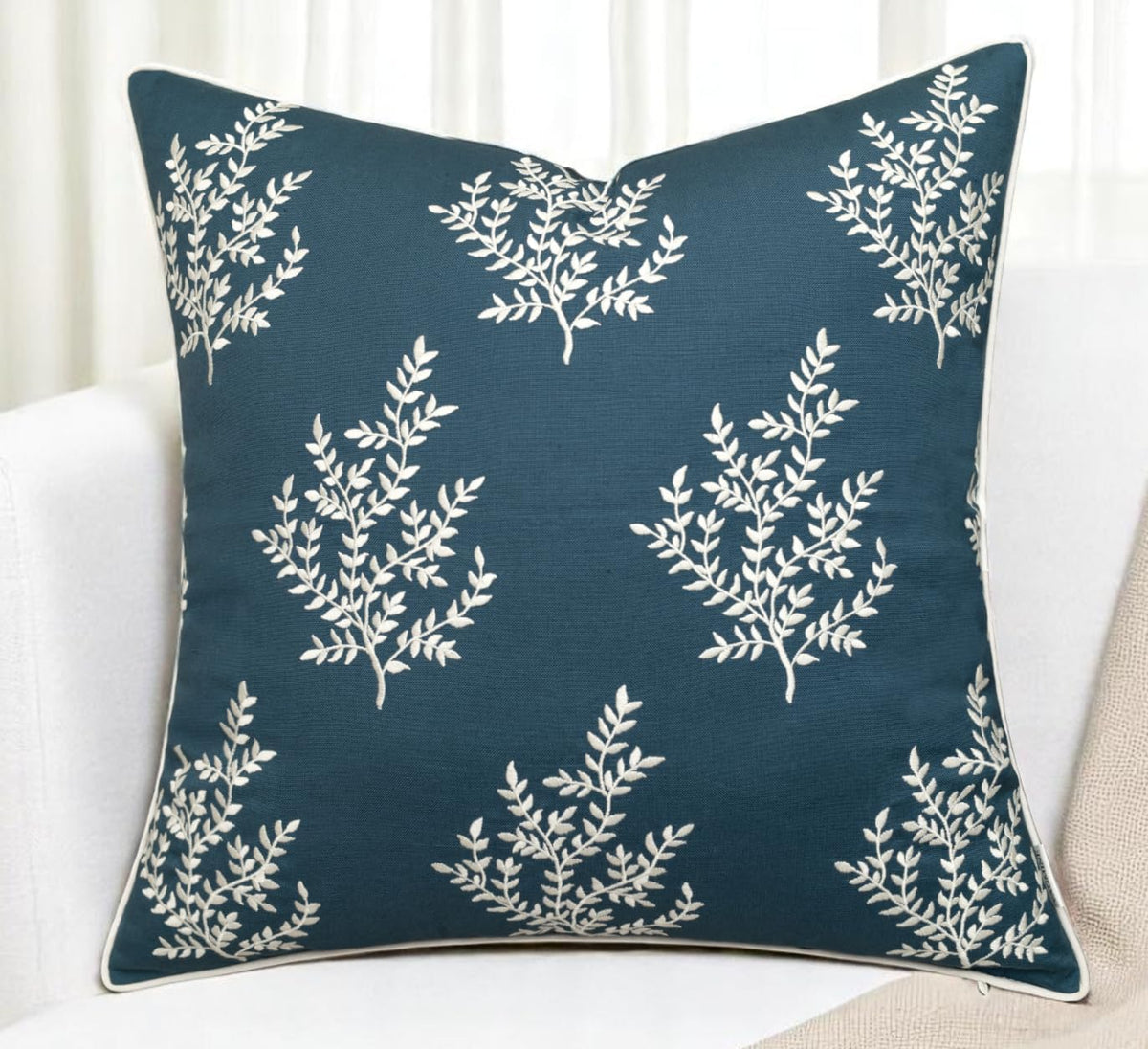 VAGMINE Embroidered Leaves Throw Pillow Cover - 20x20 Inches Square - 100% Cotton Teal Decorative