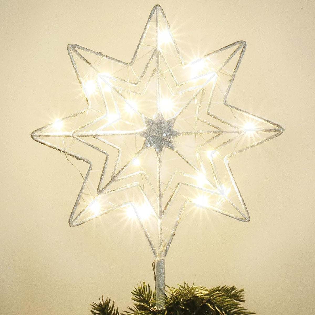 hogardeck Christmas Tree Topper, Glittered Silver 8-Pointed Star Tree Topper for Christmas Treetop