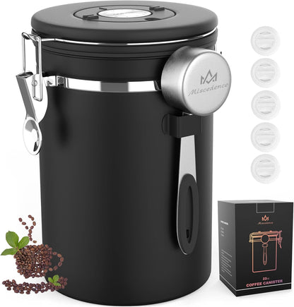 Coffee Canister with Scoop,Date Tracker 304 Stainless Steel Airtight Container One-Way CO2 Valve