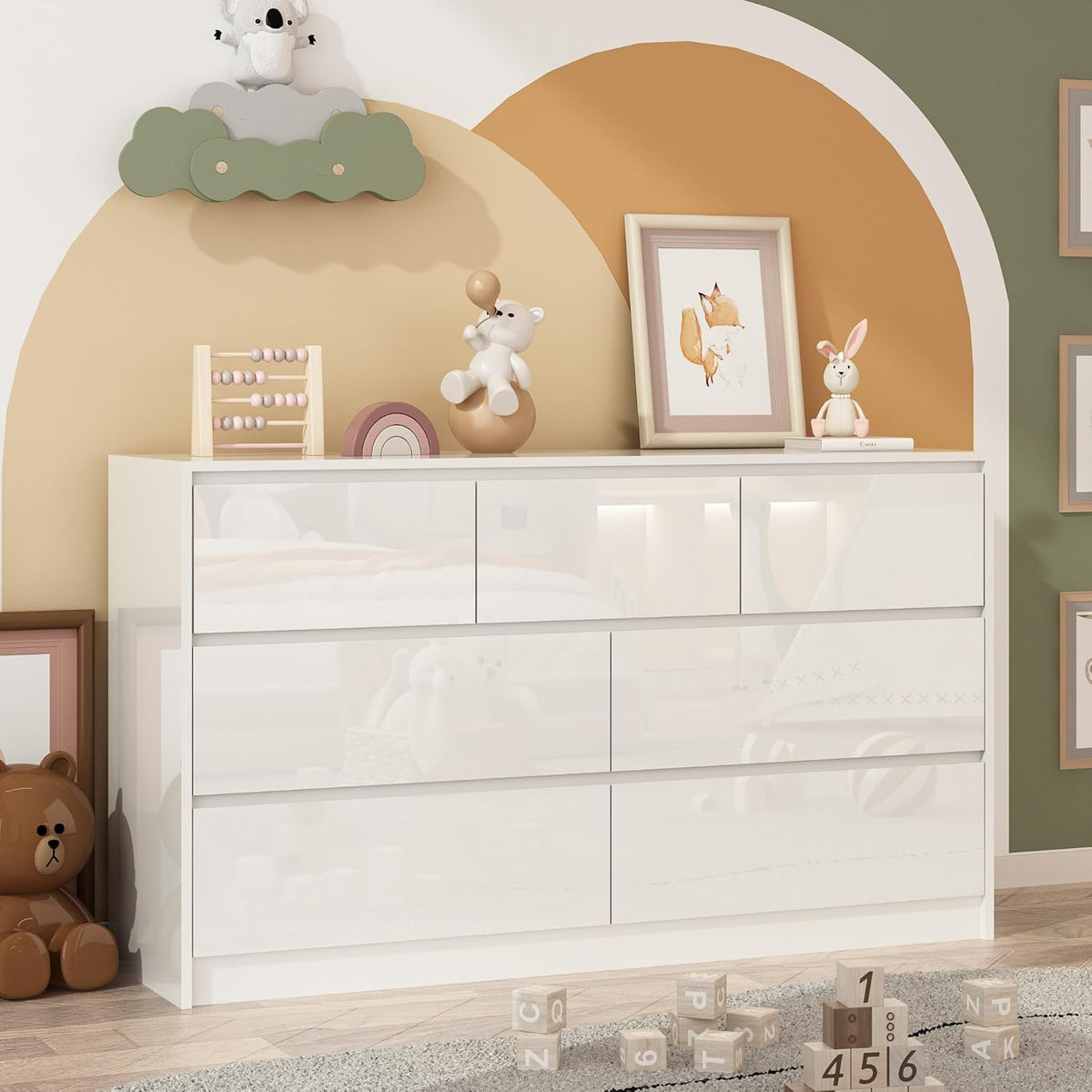White Malm Dresser for Bedroom, 55 Inch Full High Gloss Dresser with 7 Drawers, Modern Large Wood