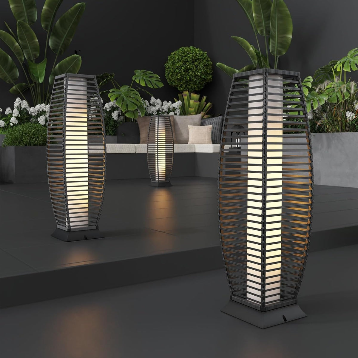 2 Pieces Outdoor Floor Lamp Weather-Resistant Outdoor Wicker Light Solar Powered Lantern Deck