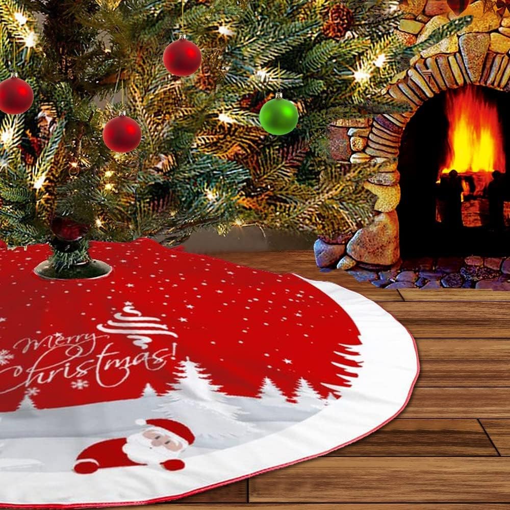 Christmas Tree Skirt Red Xmas Tree Ornaments for White Soft Plush Christmas Tree Mat with Snowy