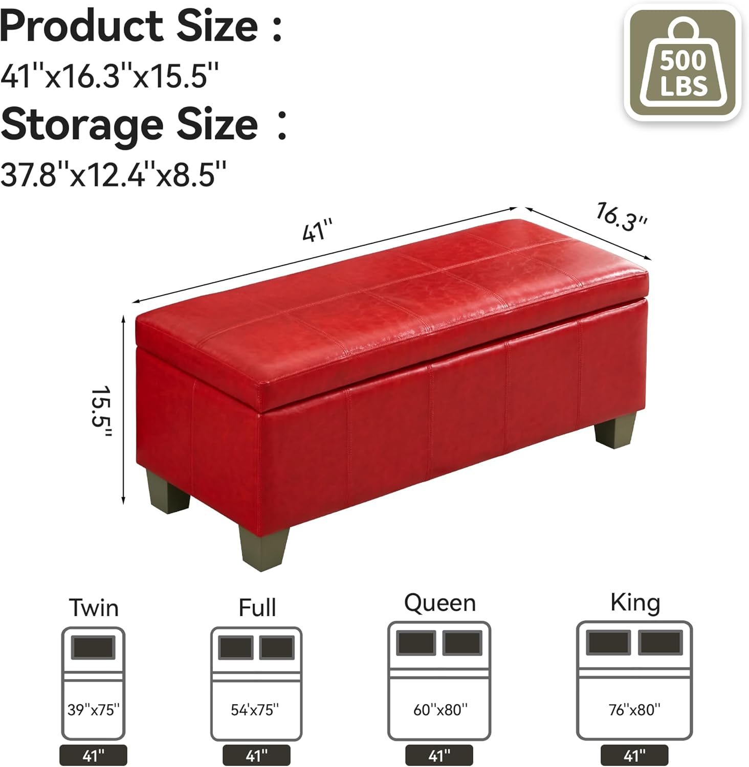 41" Faux Leather Storage Ottoman, Stitch Tufted Rectangle Upholstered End of Bed Storage Bench