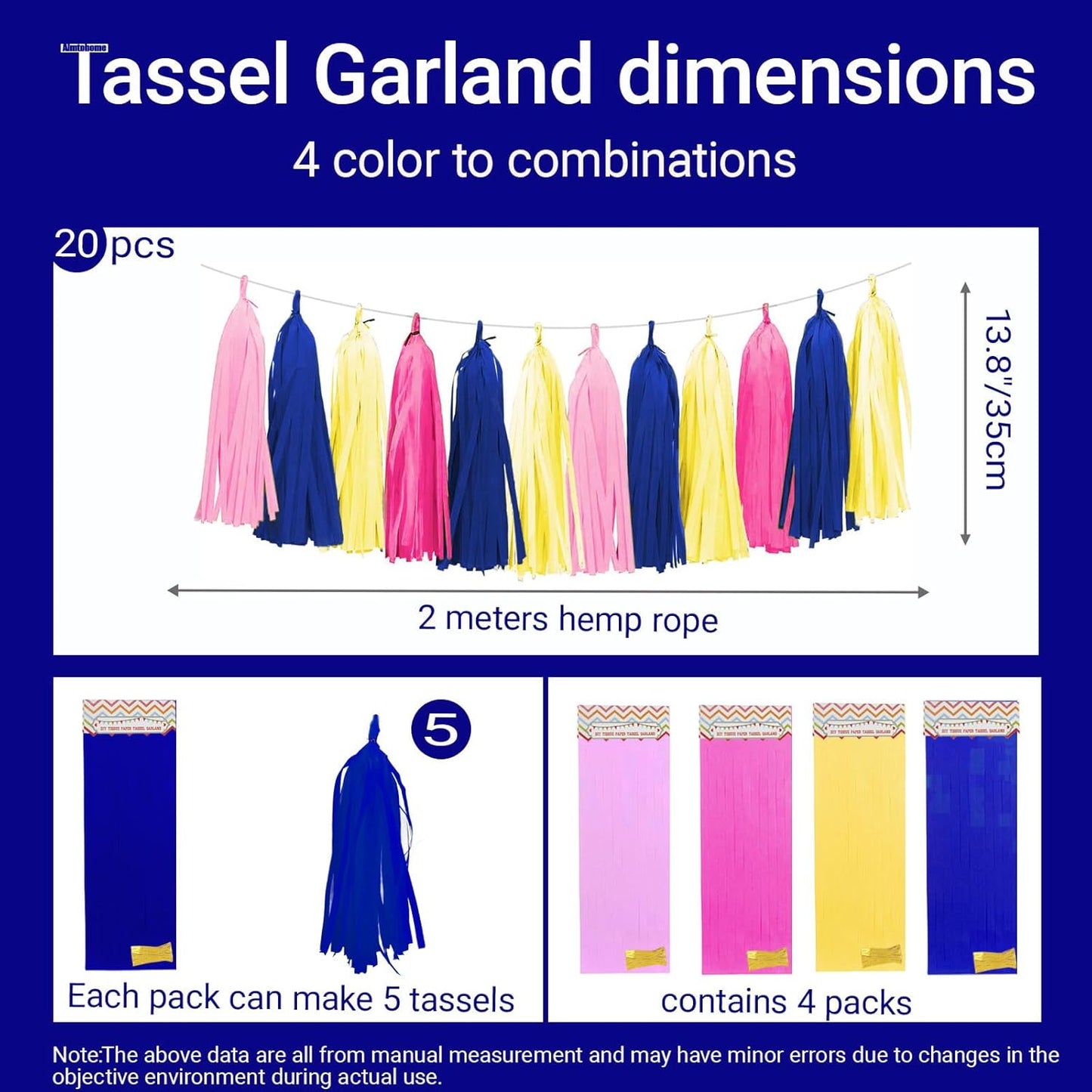 Tissue Paper Tassel Garland Banner, 20 Pack, Hot Pink Navy Blue Lemon Yellow Pink, Party