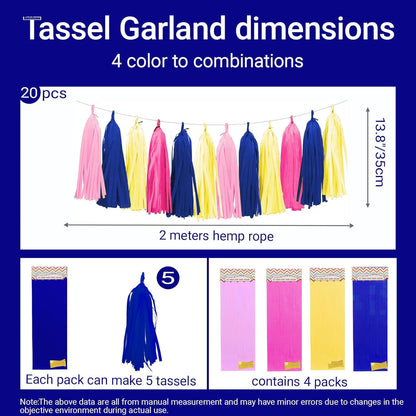 Tissue Paper Tassel Garland Banner, 20 Pack, Hot Pink Navy Blue Lemon Yellow Pink, Party
