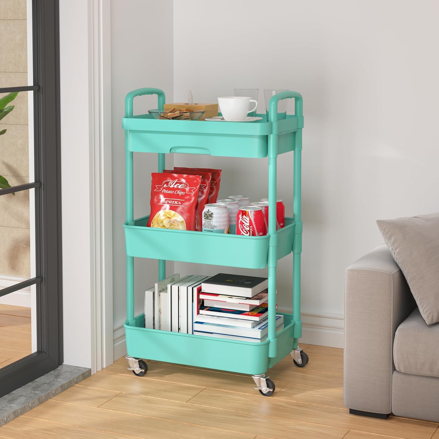 Calmootey 3-Tier Rolling Utility Cart with Drawer,Multifunctional Storage Organizer with Plastic