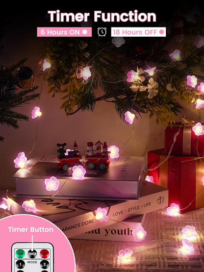 Cherry Blossom Flower String Lights for Bedroom, Pink Fairy Lights Battery Operated with Remote & 8