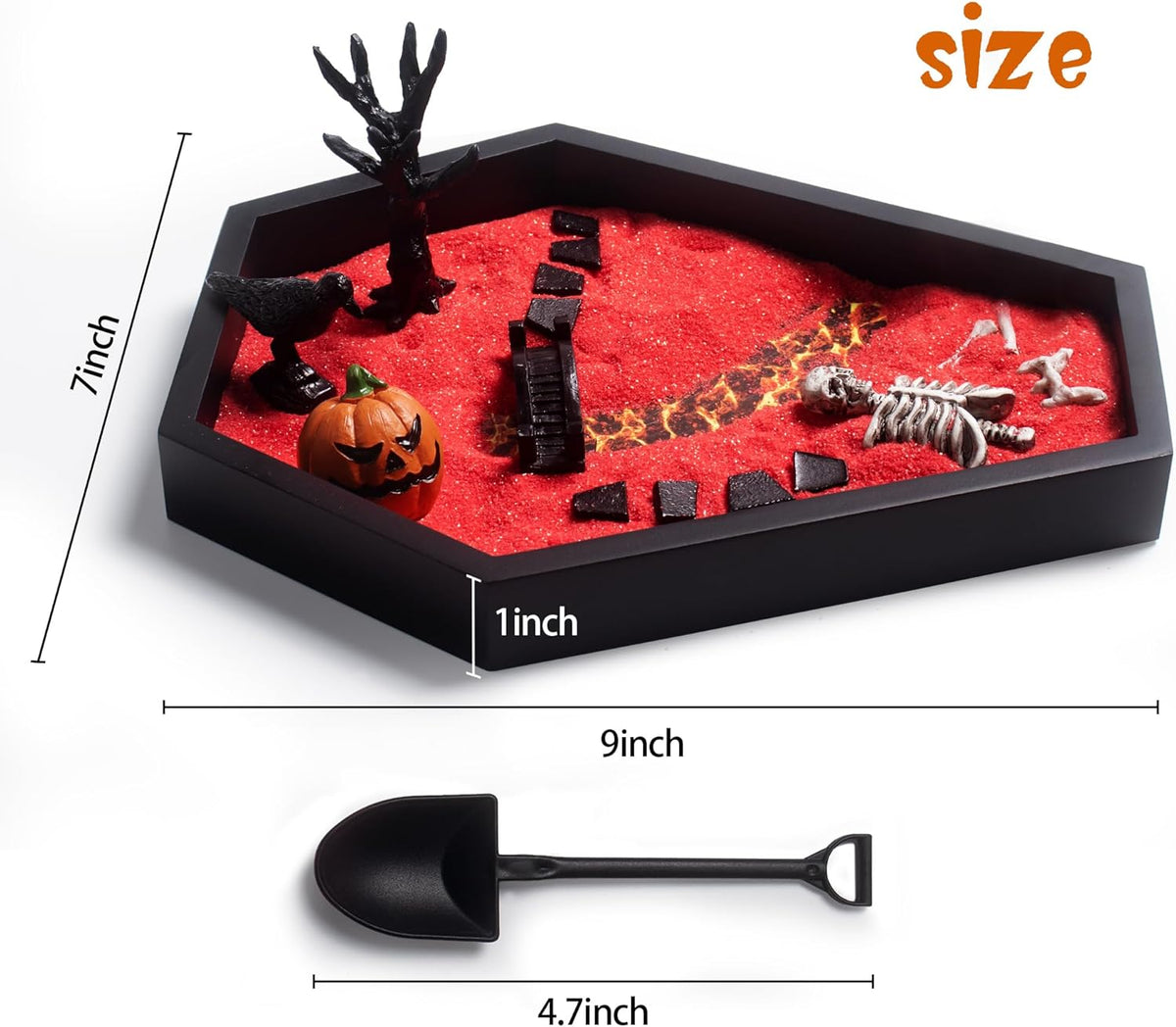 Coffin Zen Garden for Desk 7" x 9" Mini Zen Garden Kit Accessories for Office Coffin Spooky Decor