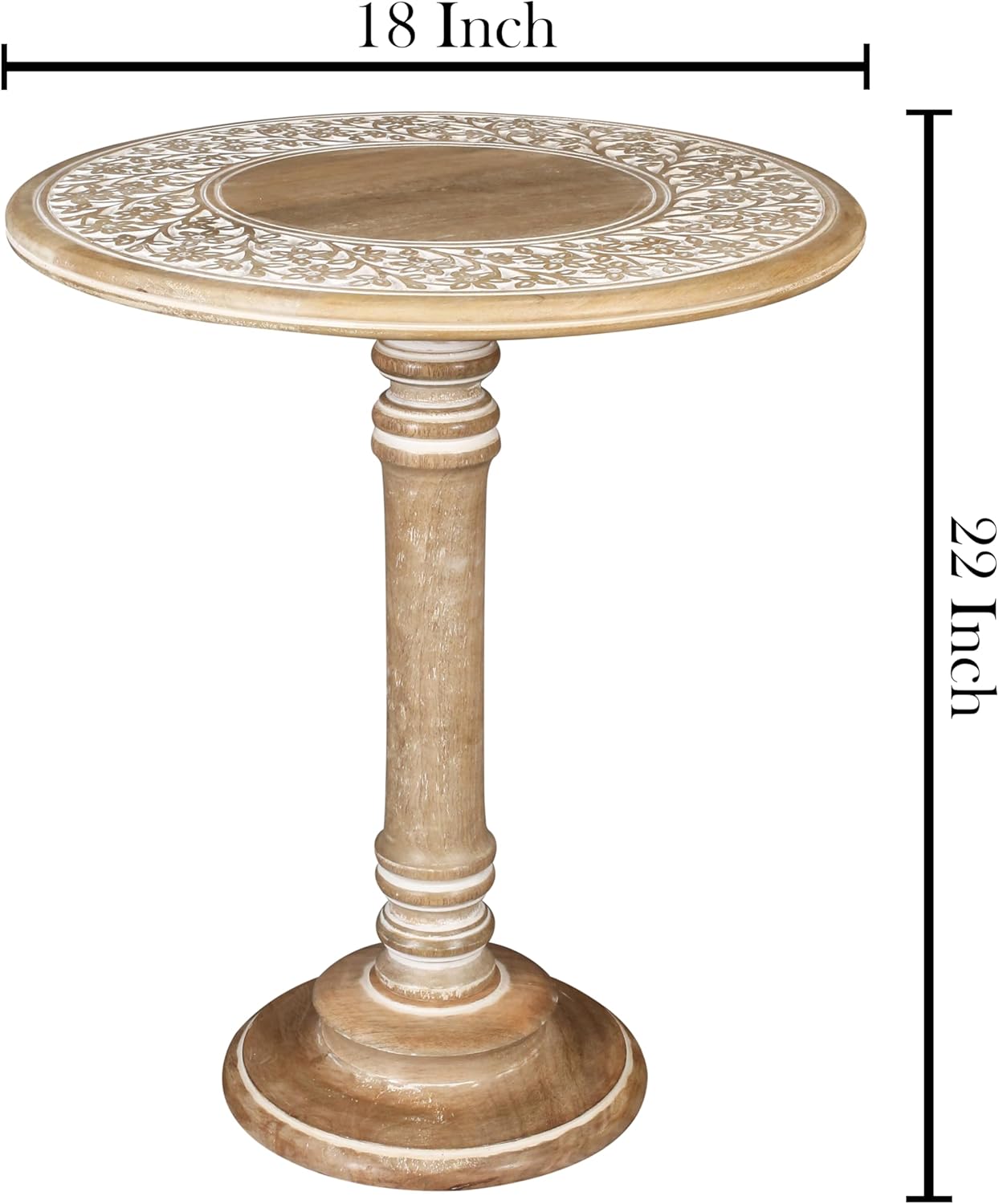 Lightnpro Carved Round End Table with Single Pillar - Handcrafted Accent Bedside Nightstand Side