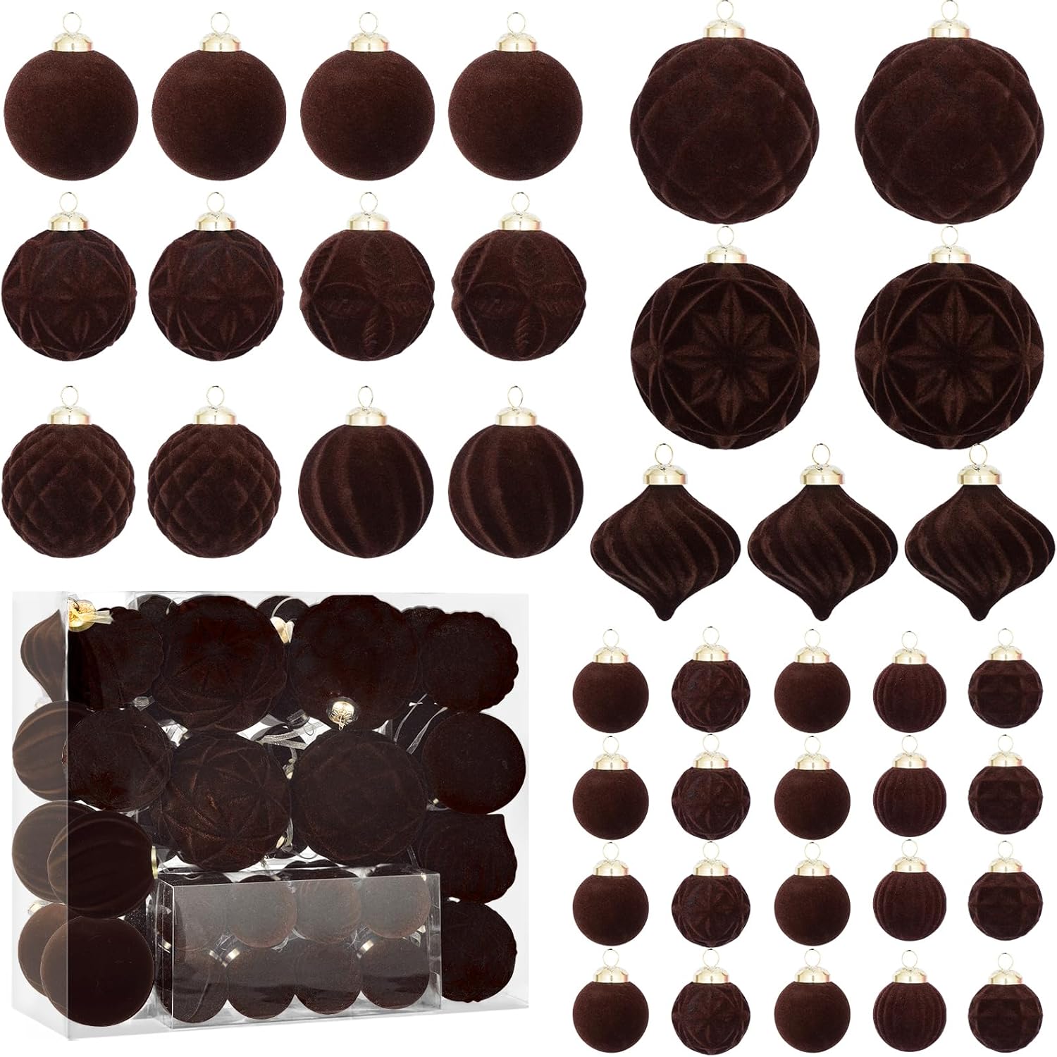 46PCS Velvet Christmas Ball Ornaments Set, Flocked Shatterproof Xmas Tree Decor, Assorted Hanging