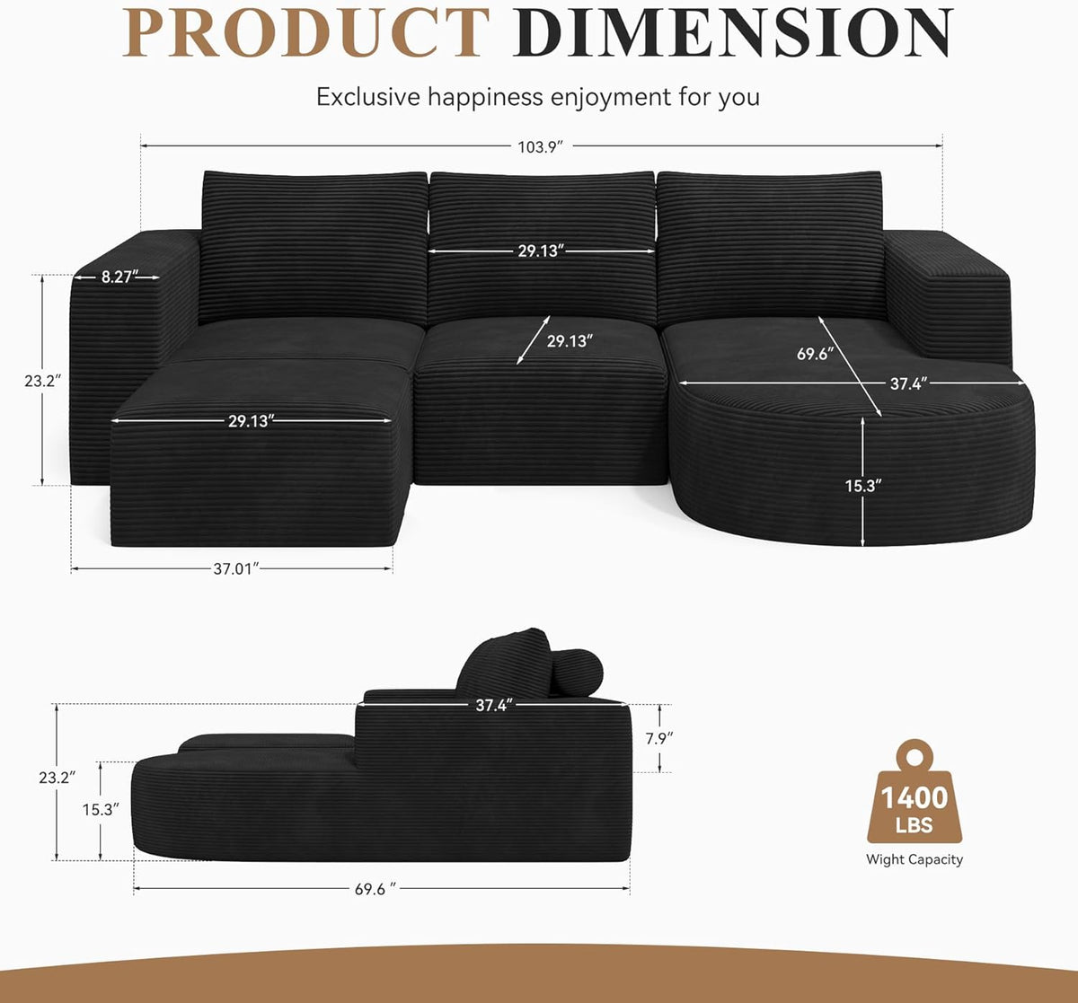 Modular Sectional Sofa with L-Shape Chaise,Cloud Sectional Modern Sleeper Couch with Deep