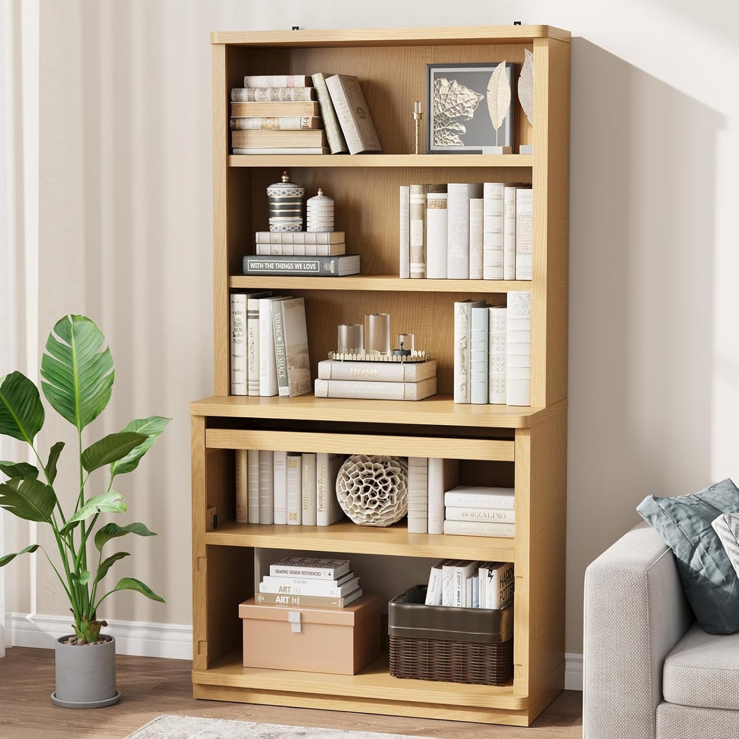 Rresyet 5 Tier Bookcase with Flip-Flop Design, 71" x 37" x 16" Wooden Book Shelf, Extra Bookshelf