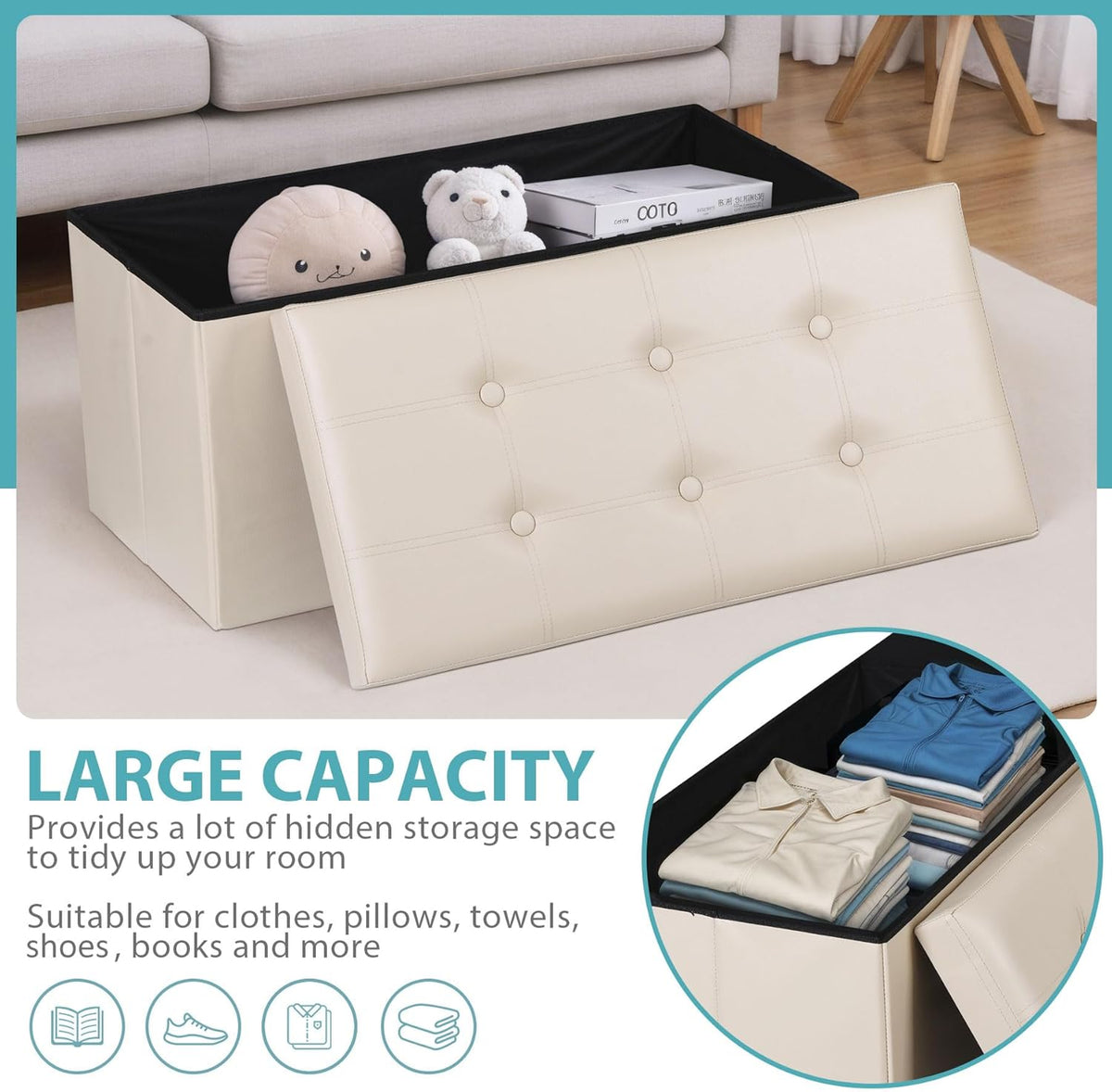 SUPER DEAL Folding Storage Ottoman Bench, 30 Inches Footrest Storage Bin with Padded Seat, Entryway
