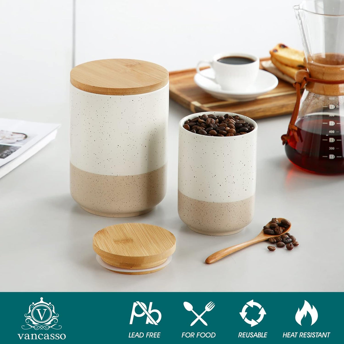 vancasso Sabine Coffee Storage Jar, 36 Oz Ceramic Kitchen Canister with Airtight Wood Lids, Coffee