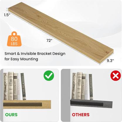 Floating Shelves for Wall, 72"W x 9.3"D x 1.5"H, Long Wooden Wall Mounted Display Shelves with