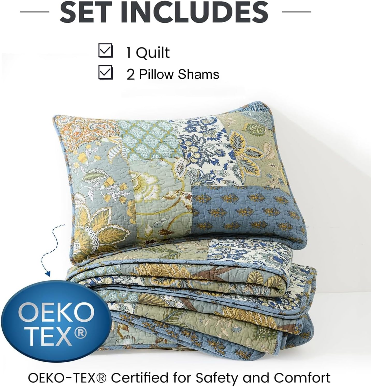 NEWLAKE Quilt Set California King Size, 100% Cotton Patchwork Green Bohemian Quilt Sets, Reversible