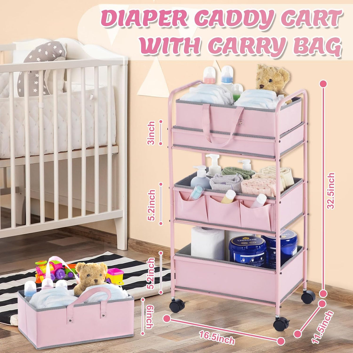 Honeydak 2in1 Baby Diaper Caddy Organizer Cart 3 Tier Large Capacity Metal Utility Bedside Rolling