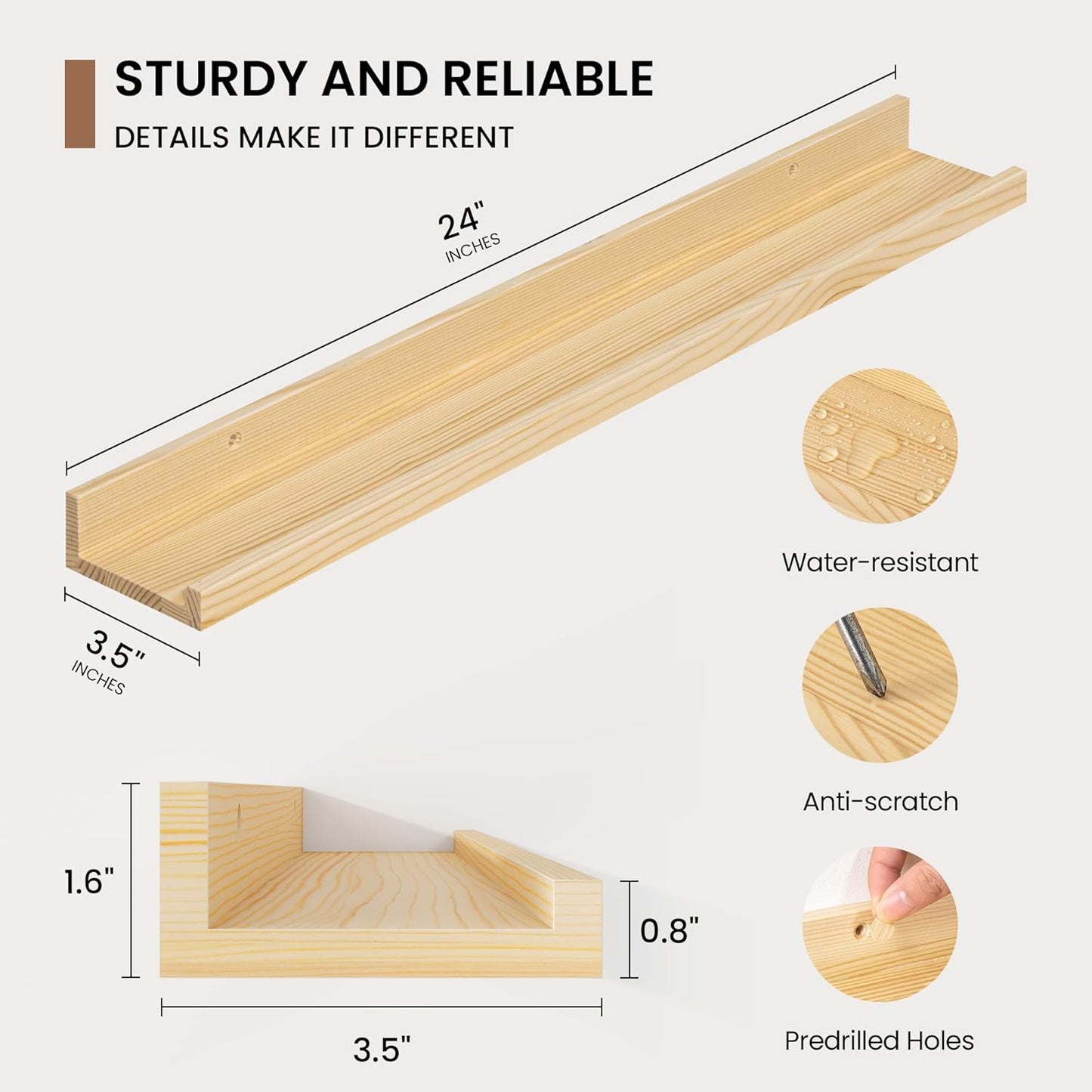 Picture Ledge Shelf, Solid Pine Wood Floating Shelves Set of 2, 24 Inches Nursery Book Shelves for